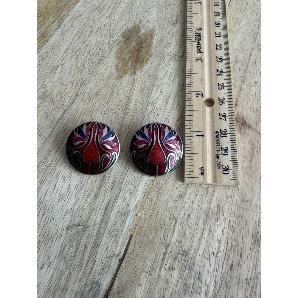 Vintage Cloisonne Enamel Floral Round Stud Earrings‎ Red Blue Green Silver Tone